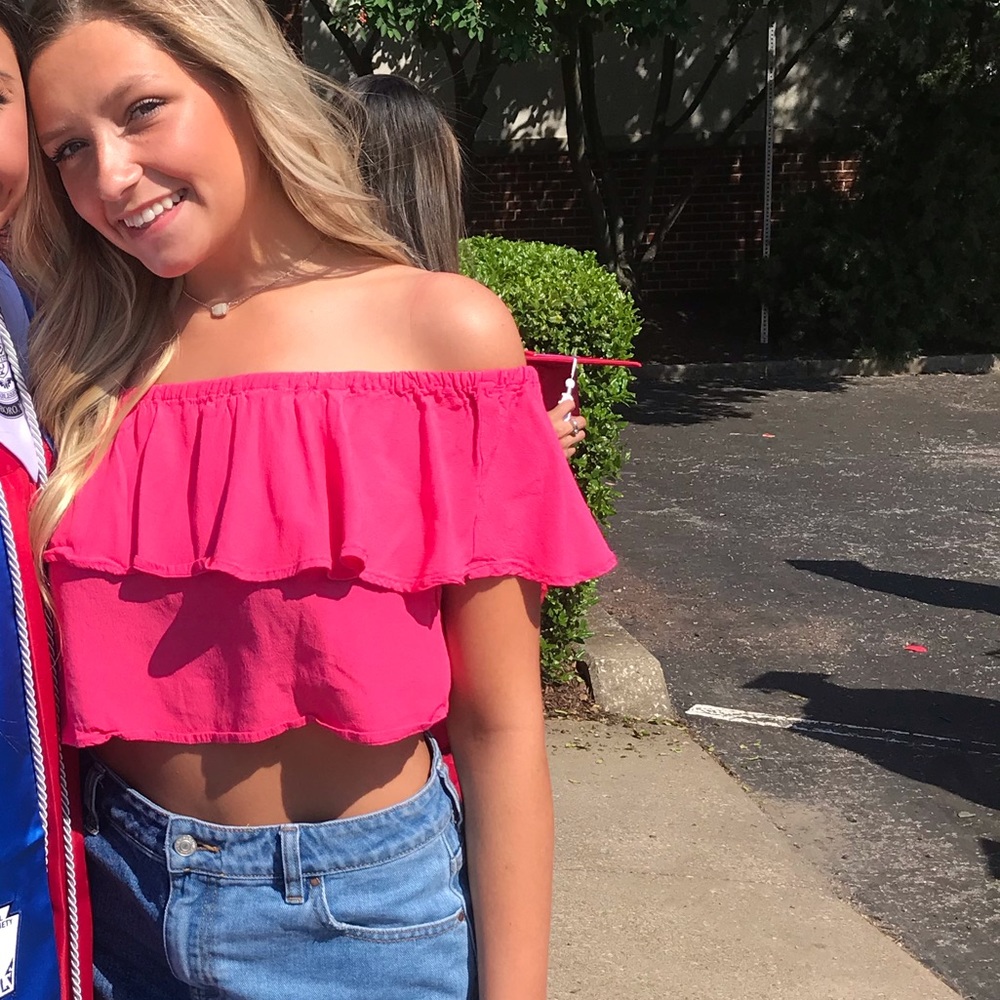 pink off the shoulder ruffle top!